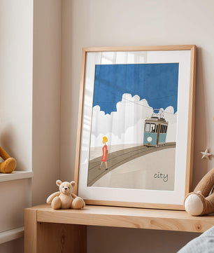 Urban scene with tram and pedestrian under a blue sky