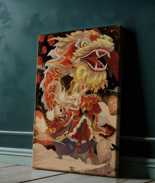 Personnage dynamique avec dragon et lanternes dans une œuvre d'art animée et vibrante