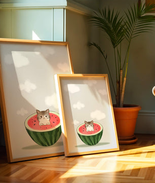 Whimsical art of a kitten in watermelon with clouds