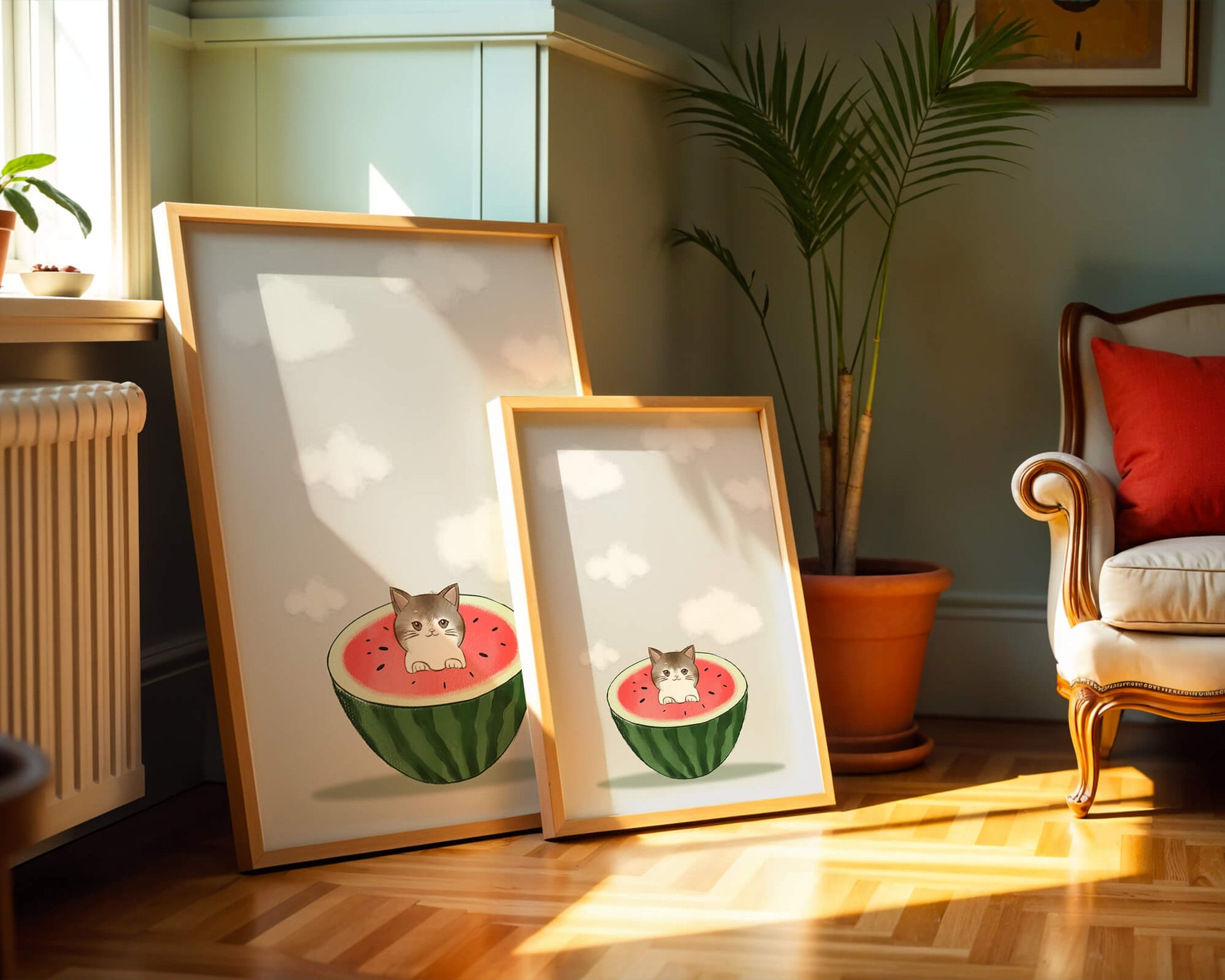 Whimsical art of a kitten in watermelon with clouds