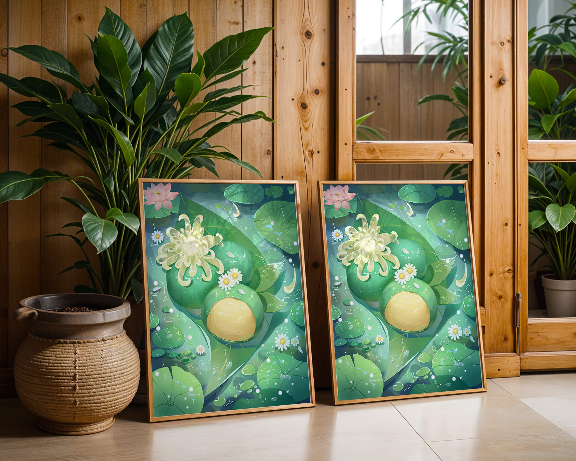 Lush aquatic scene with lotus flowers and green leaves