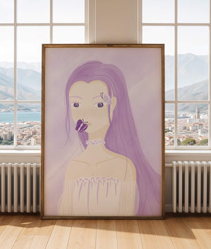 Ilustración de una mujer con cabello morado y mariposas