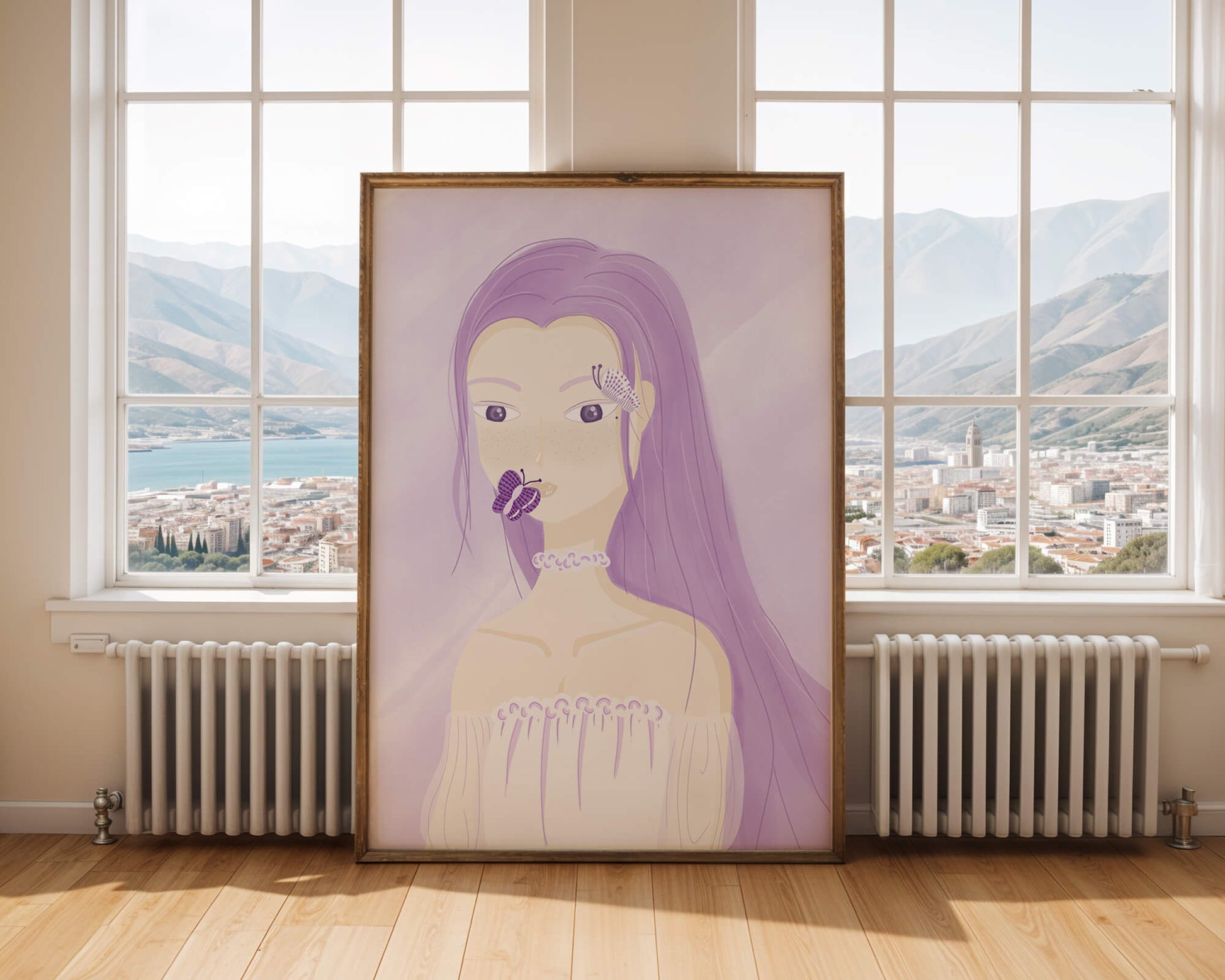 Illustration of a woman with purple hair and butterflies