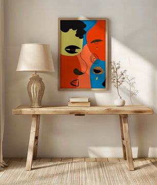 Abstract faces with vibrant colors and gold accents