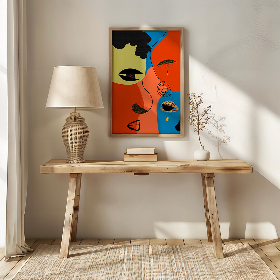 Abstract faces with vibrant colors and gold accents