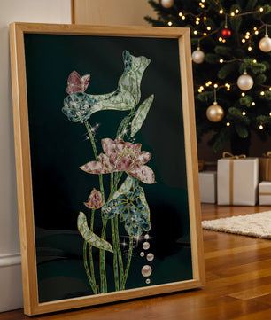 Floral Lotus Design with Gold Accents and Dew Drops