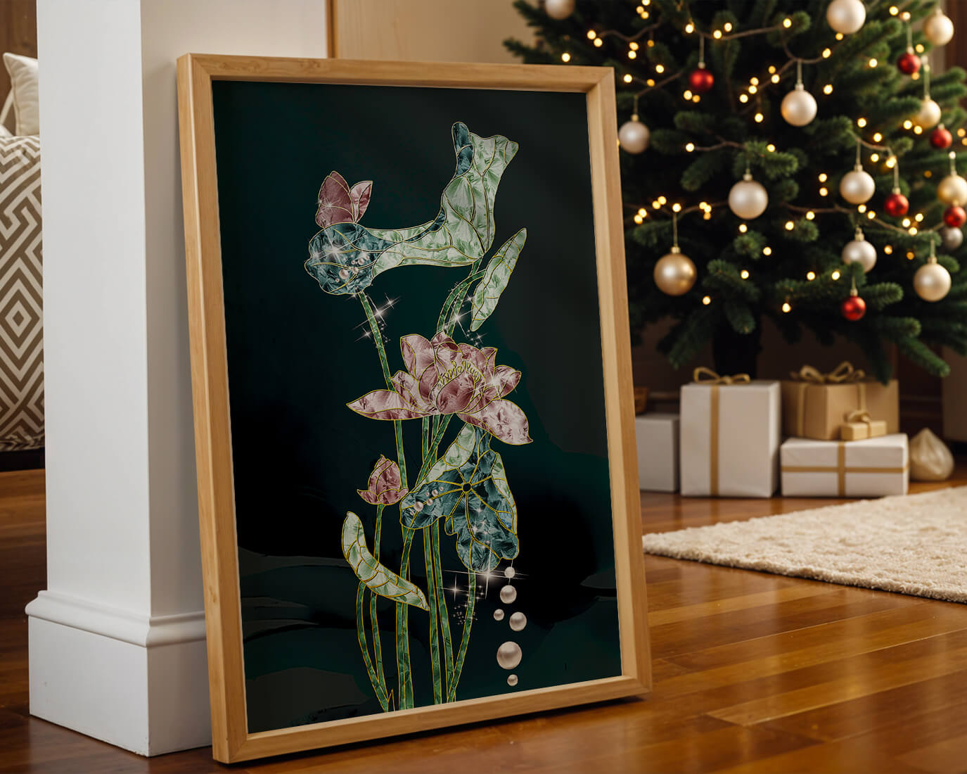 Floral Lotus Design with Gold Accents and Dew Drops