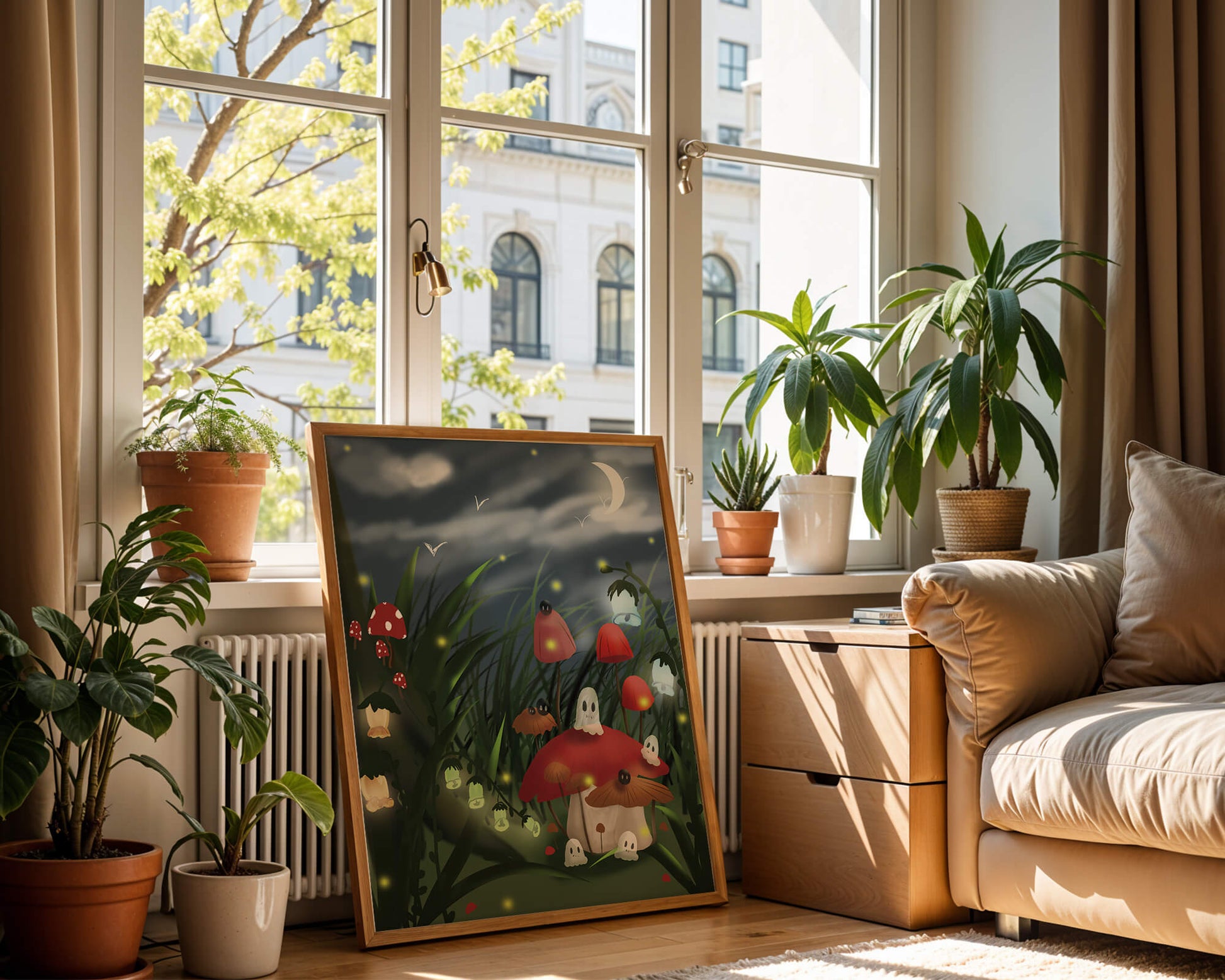 Enchanted night scene with glowing mushrooms and moonlit sky