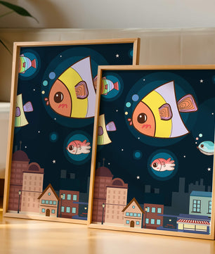 Poisson de dessin animé flottant au-dessus d'une ville nocturne avec des étoiles