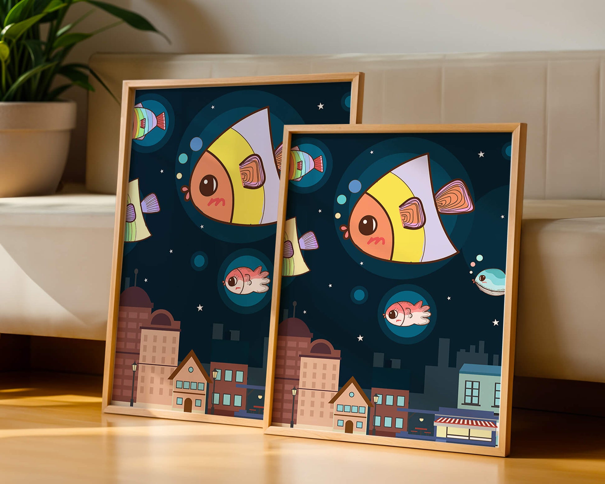 Cartoon Fish Floating Over Night City Scene with Stars