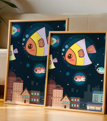 Cartoon Fish Floating Over Night City Scene with Stars