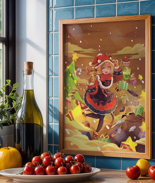 Festive anime character surrounded by gifts and holiday decor