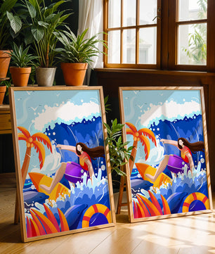 Ilustración de un surfista cabalgando una ola entre delfines y palmeras