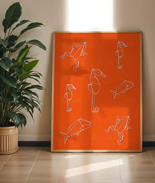 Geometrische Tiermuster auf leuchtend orangefarbenem Hintergrund