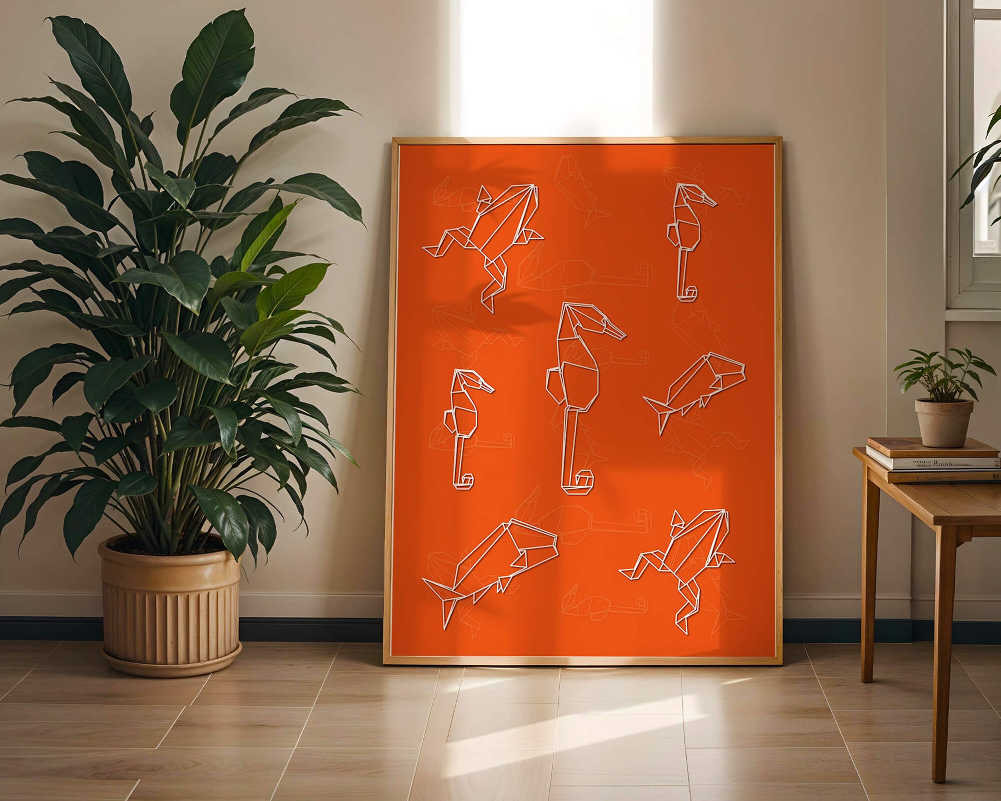 Geometric animal patterns on vibrant orange background