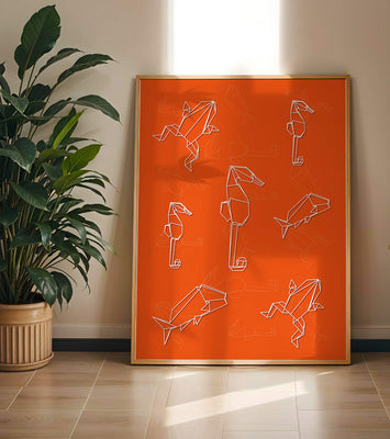 Geometric animal patterns on vibrant orange background