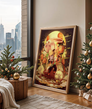 Fantasy scene with rabbit and character amid fireworks and lanterns