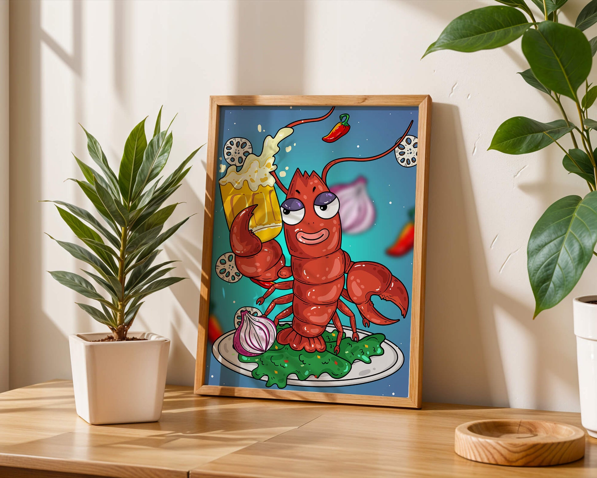 Playful cartoon lobster holding a beer in a whimsical setting