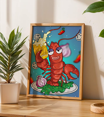 Playful cartoon lobster holding a beer in a whimsical setting