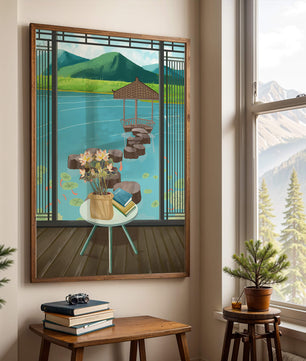 Scenic view from a room overlooking a tranquil water garden with stepping stones and mountains