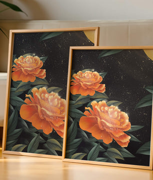Fantasía floral elegante con flores naranjas vibrantes y un brillo dorado