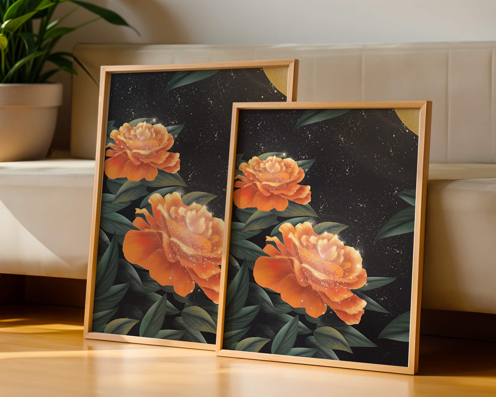 Fantasía floral elegante con flores naranjas vibrantes y un brillo dorado