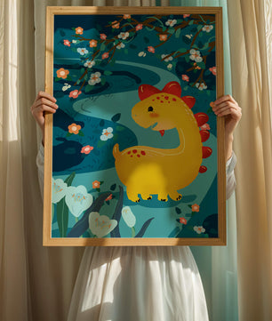 Golden Dinosaur in Enchanted Floral Forest