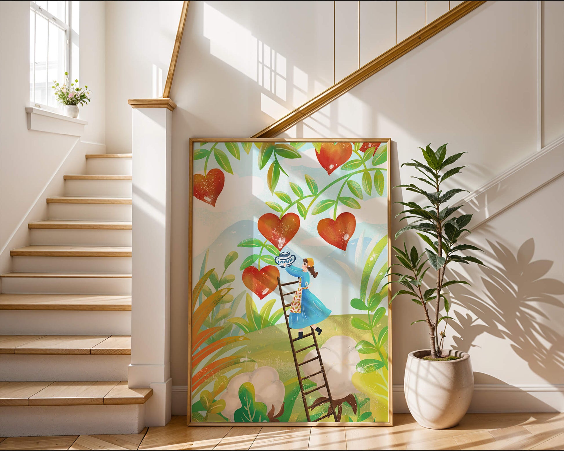 Mujer recolectando frutas en forma de corazón en el vibrante campo