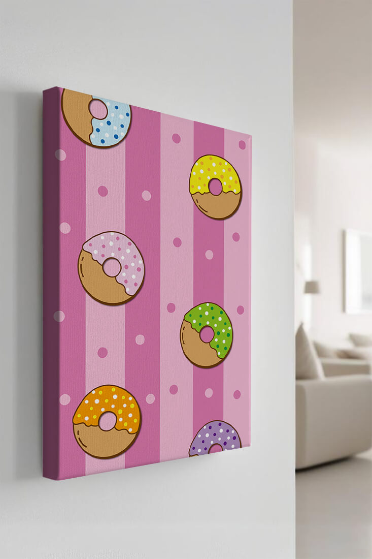Colorful donut pattern on pink striped background