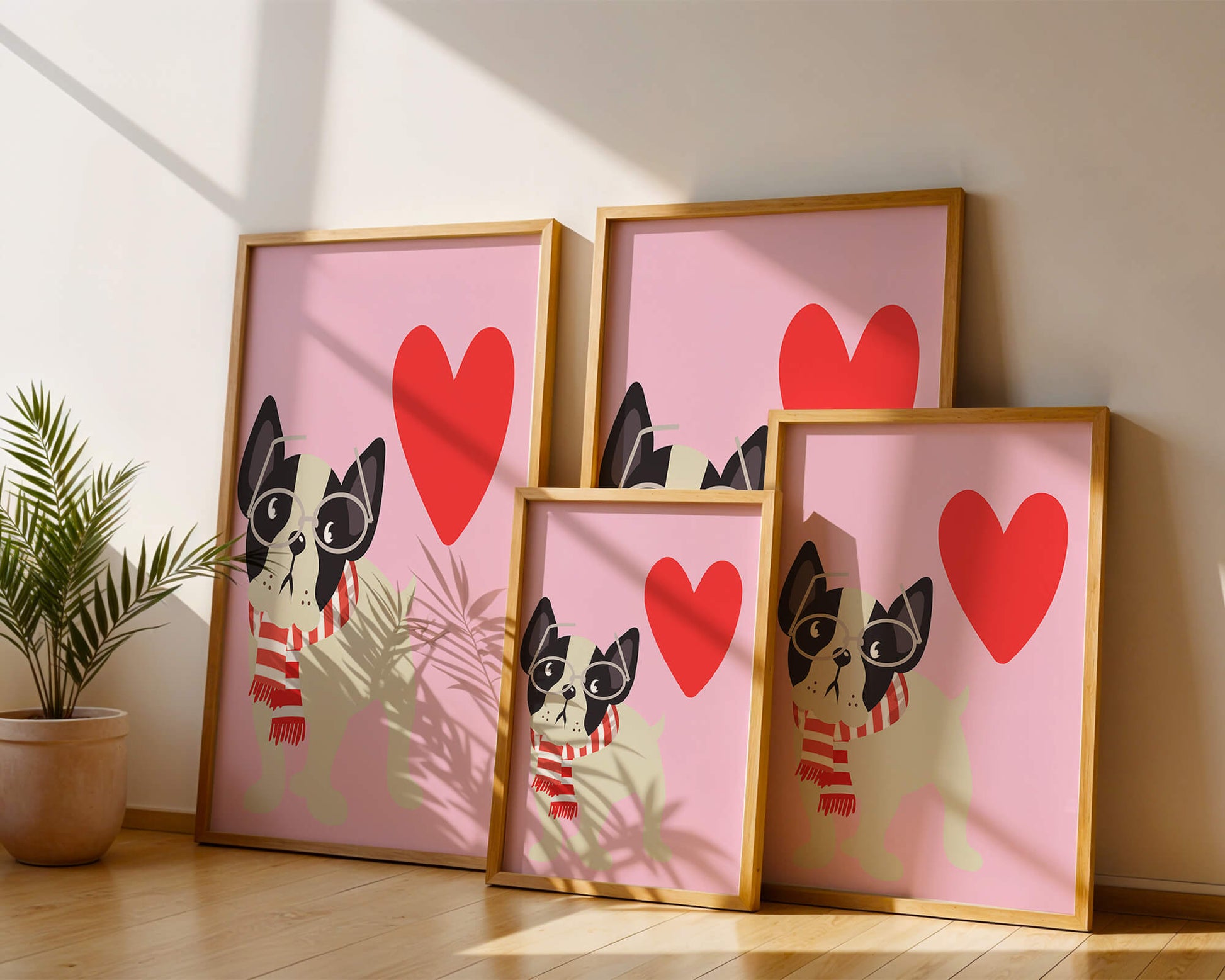 Ilustración lúdica de un bulldog francés con gafas y bufanda sobre fondo rosa con corazón