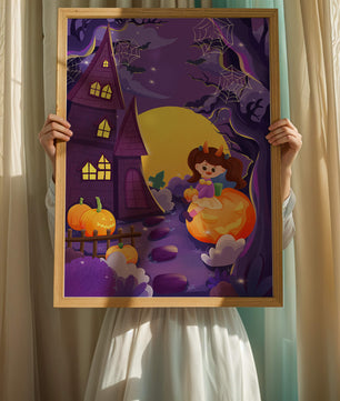 Charming Halloween scene with a girl on a pumpkin near a haunted house