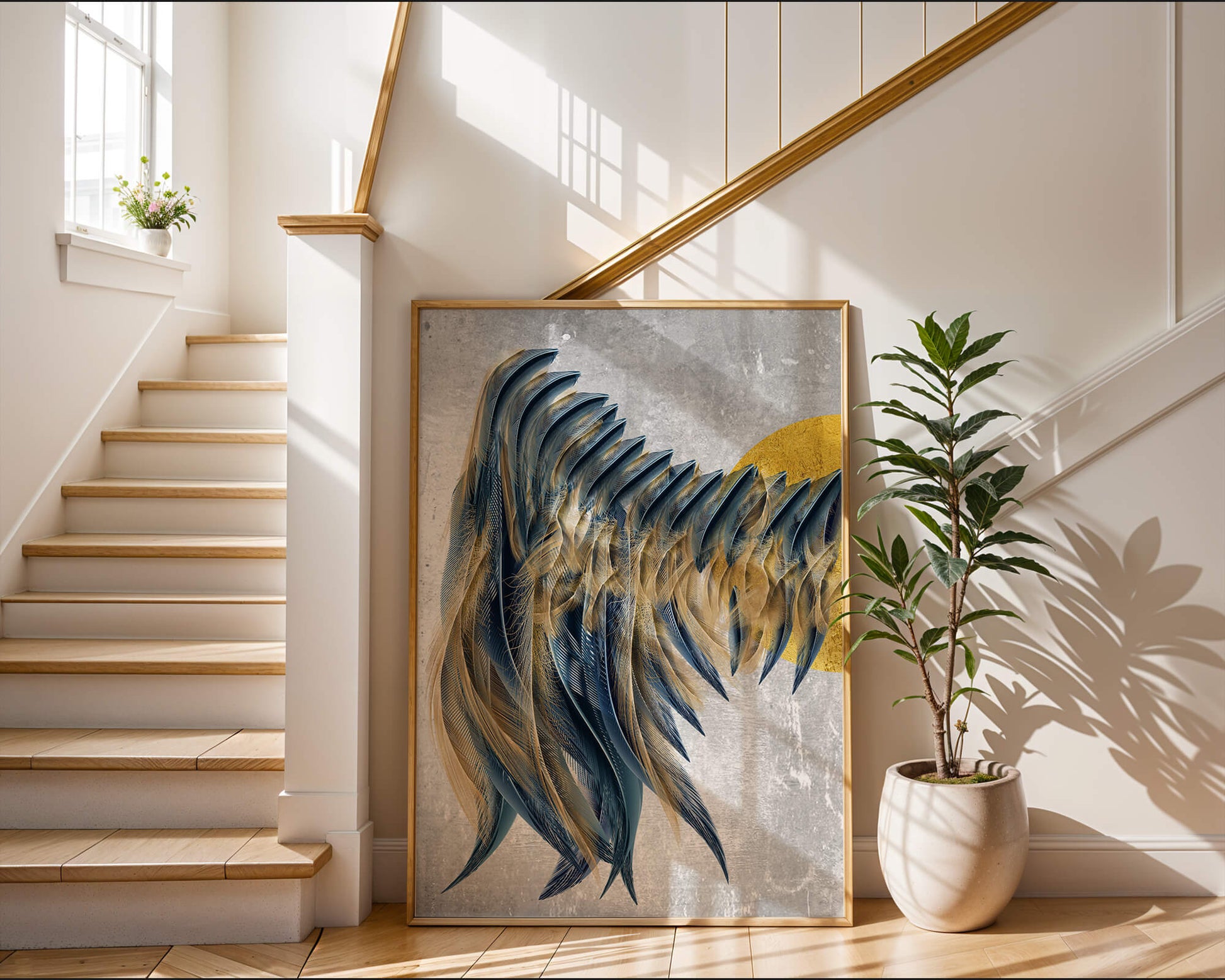 Arte abstracto de plumas con detalles dorados sobre fondo texturizado