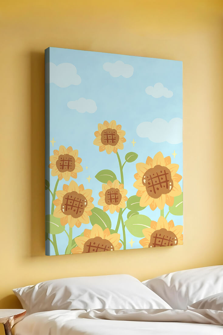 Sunflowers Under Blue Sky with Floating Clouds