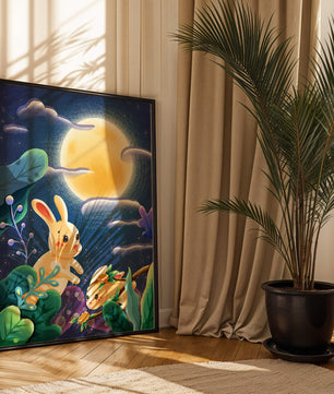 Charming illustration of rabbits under a full moon in a vibrant night garden