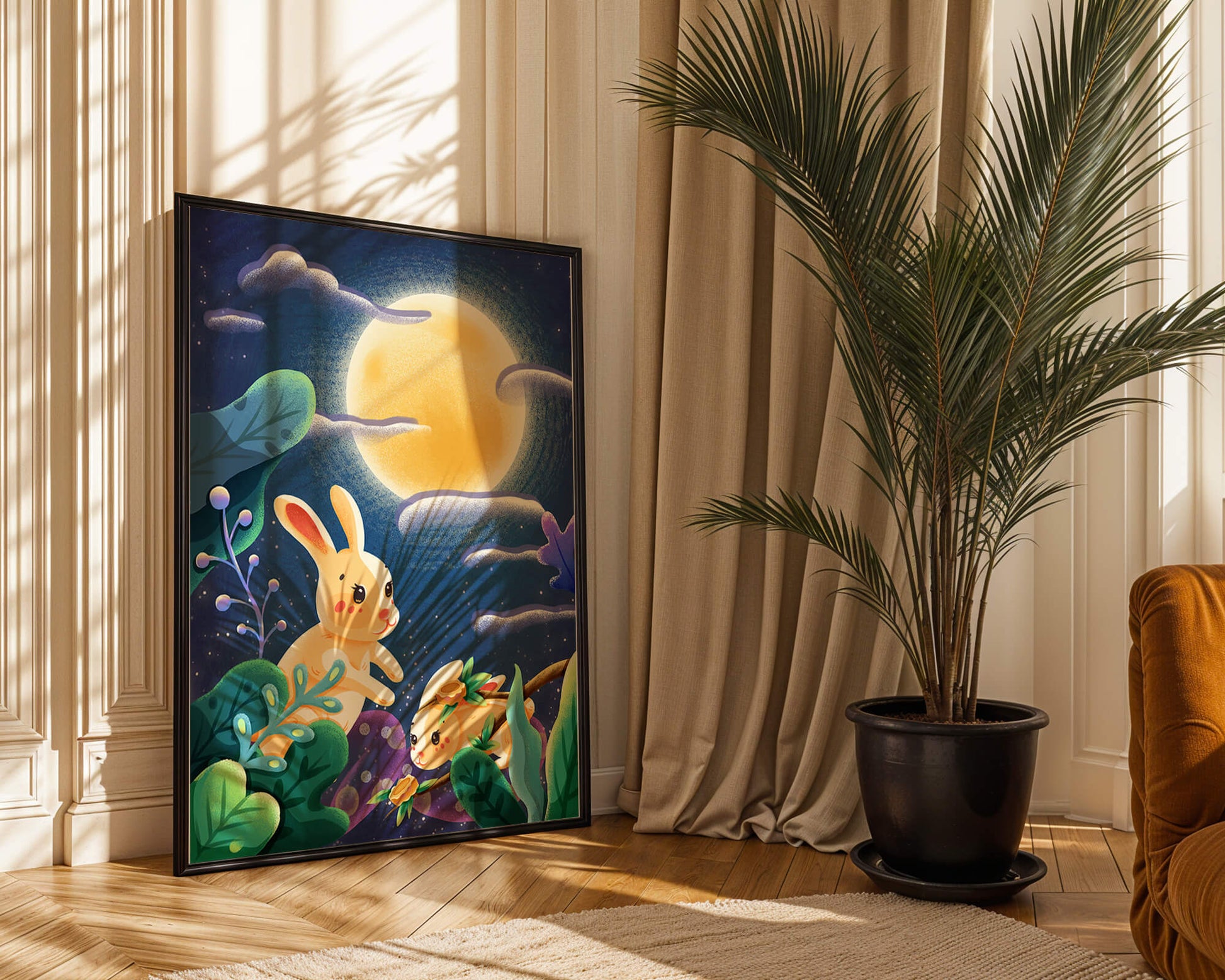 Charming illustration of rabbits under a full moon in a vibrant night garden