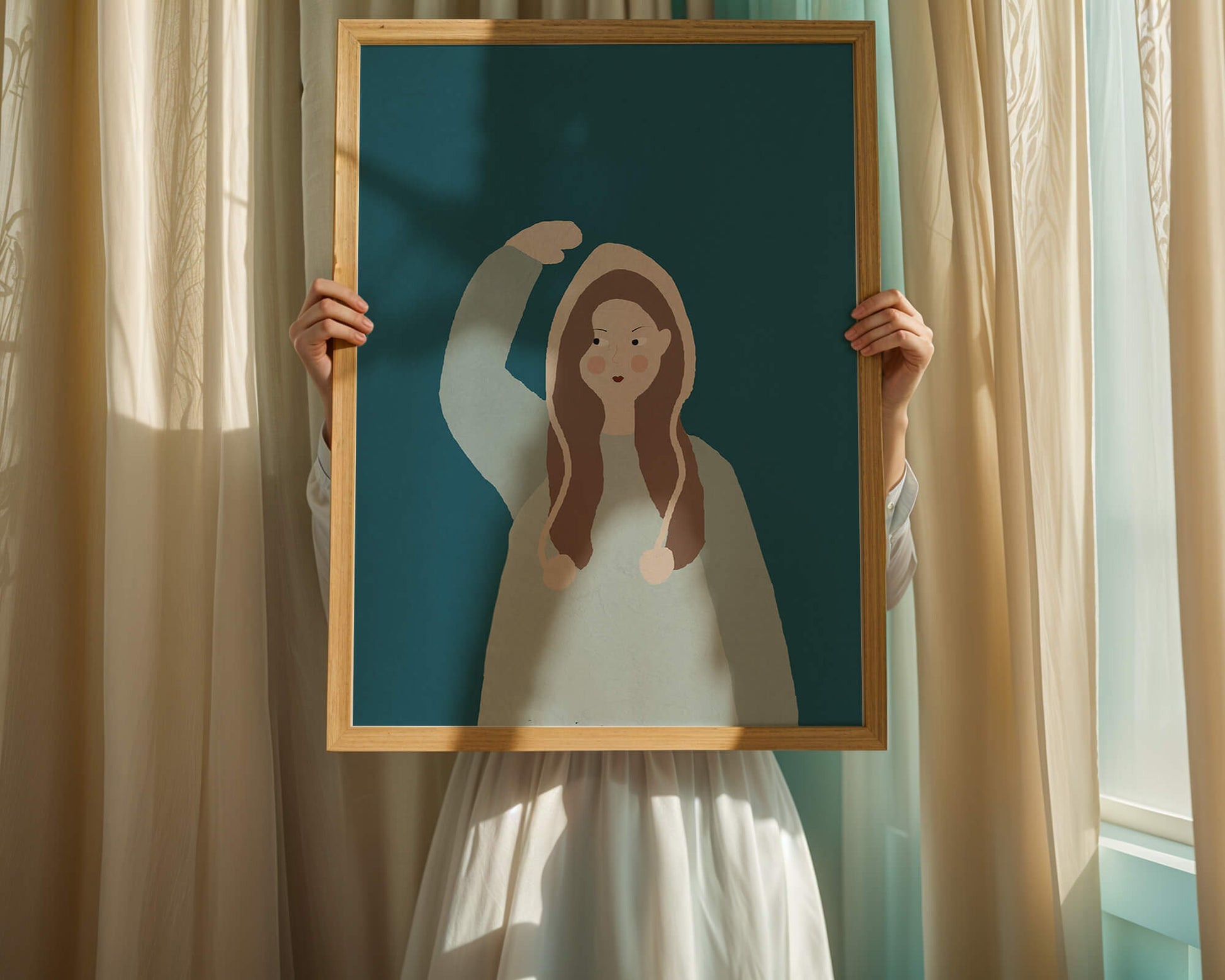 Illustrated girl with hoodie on teal background