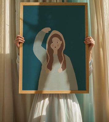 Illustrated girl with hoodie on teal background