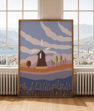 Paysage coloré avec moulin à vent et arbres abstraits