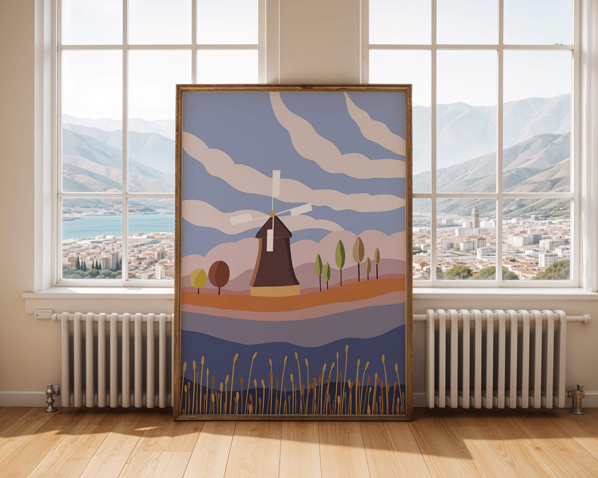 Colorful Landscape Featuring Windmill and Abstract Trees