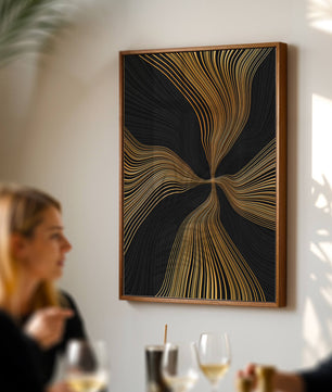 Líneas doradas abstractas sobre fondo negro con flujo dinámico