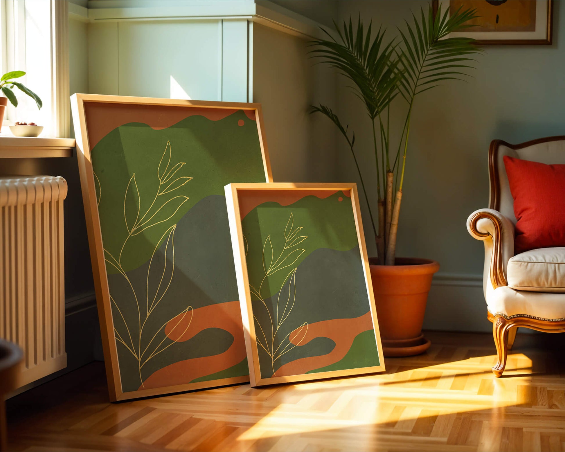 Abstrakte botanische Kunst mit Goldblatt auf buntem Hintergrund