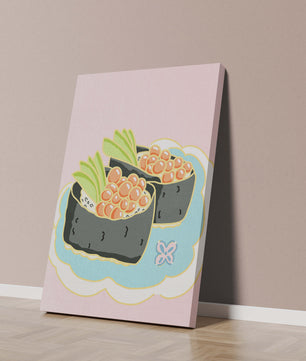 Illustration of sushi rolls with fish roe and avocado on a pastel background