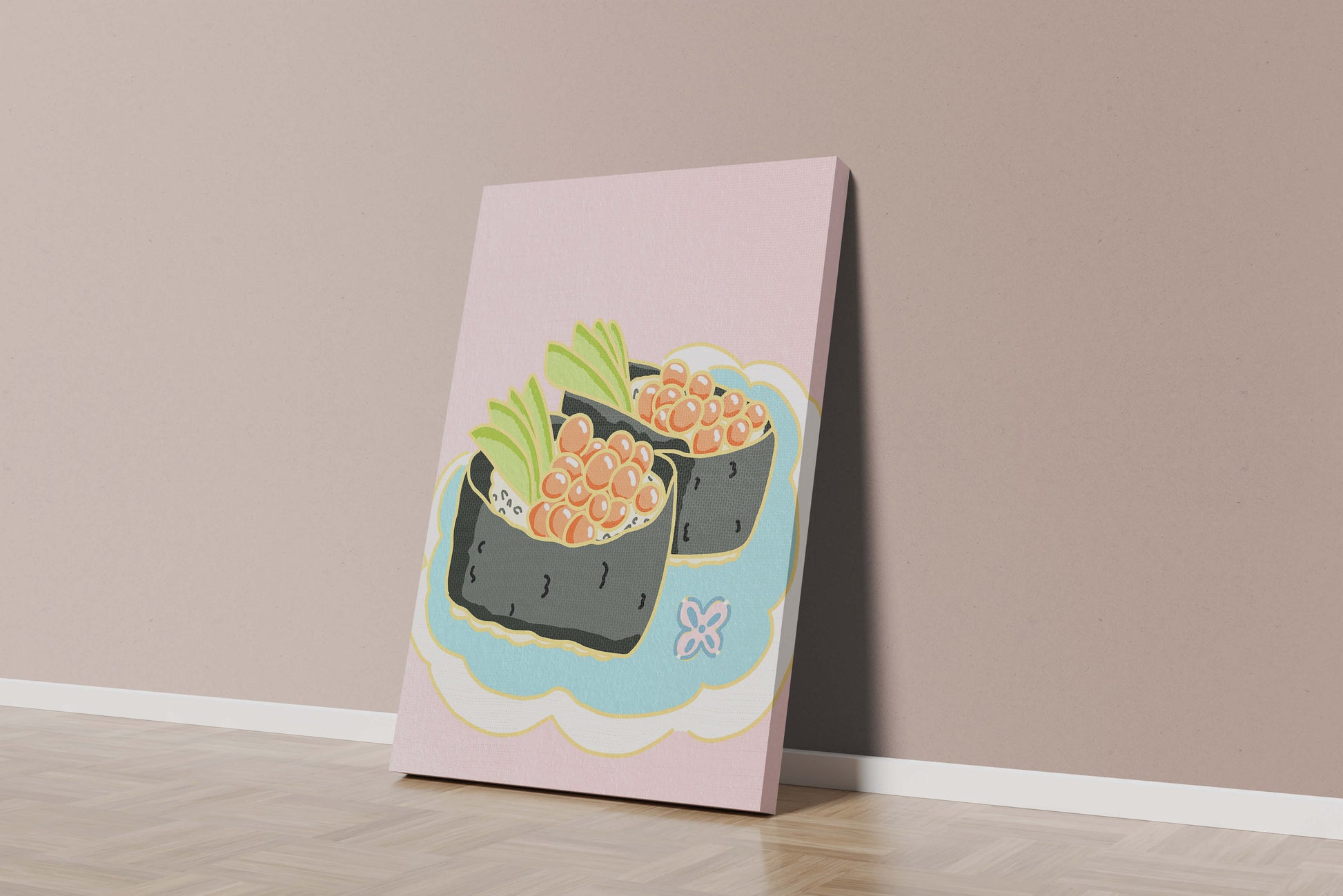 Illustration of sushi rolls with fish roe and avocado on a pastel background