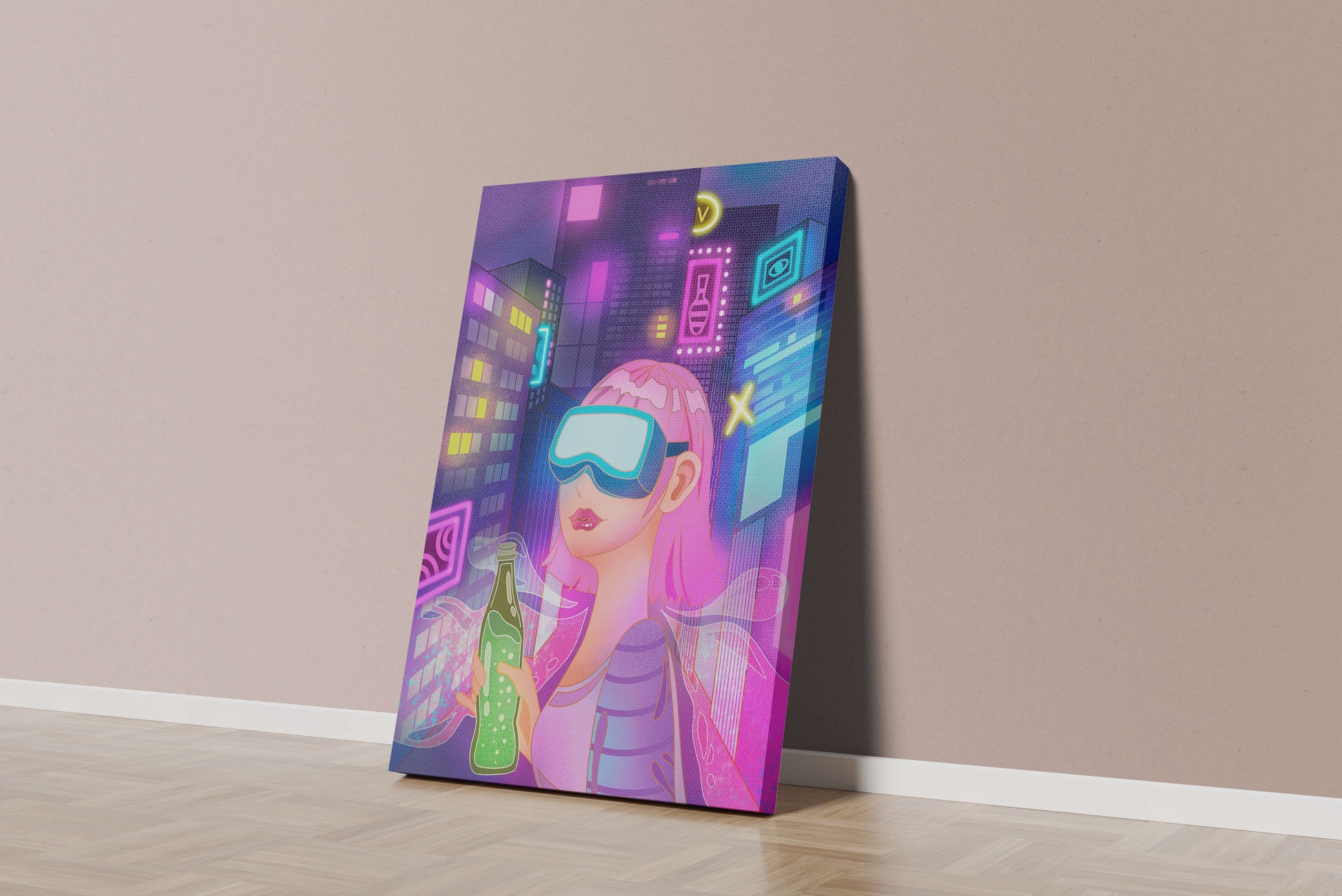 Futuristic urban scene with neon lights and virtual reality elements