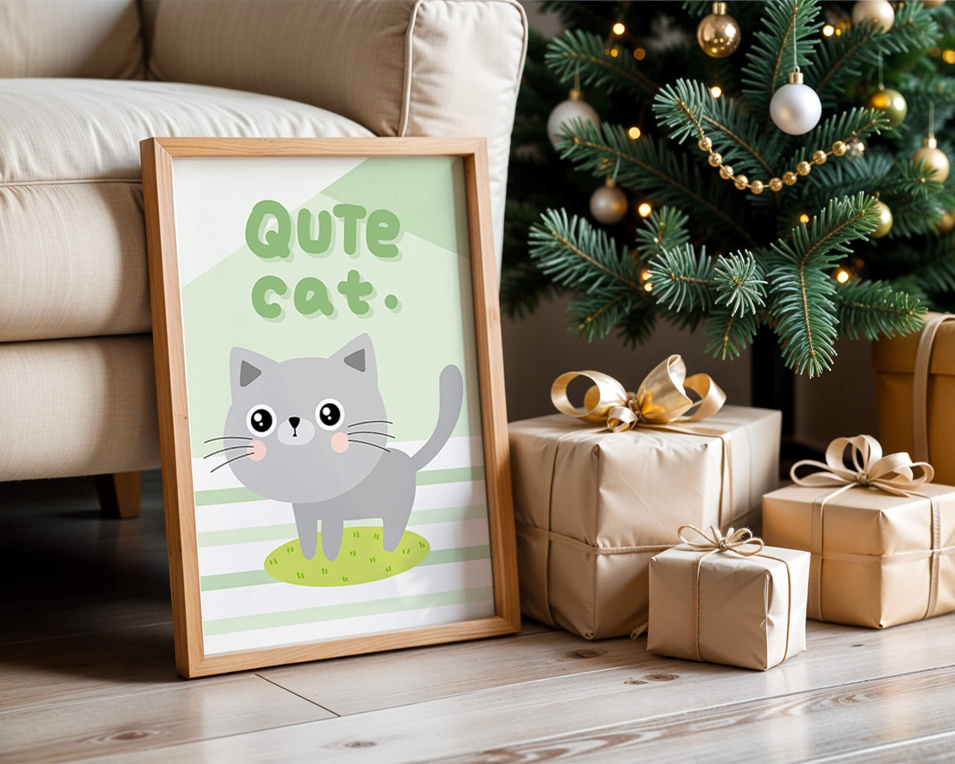 Adorable cartoon cat illustration on pastel background