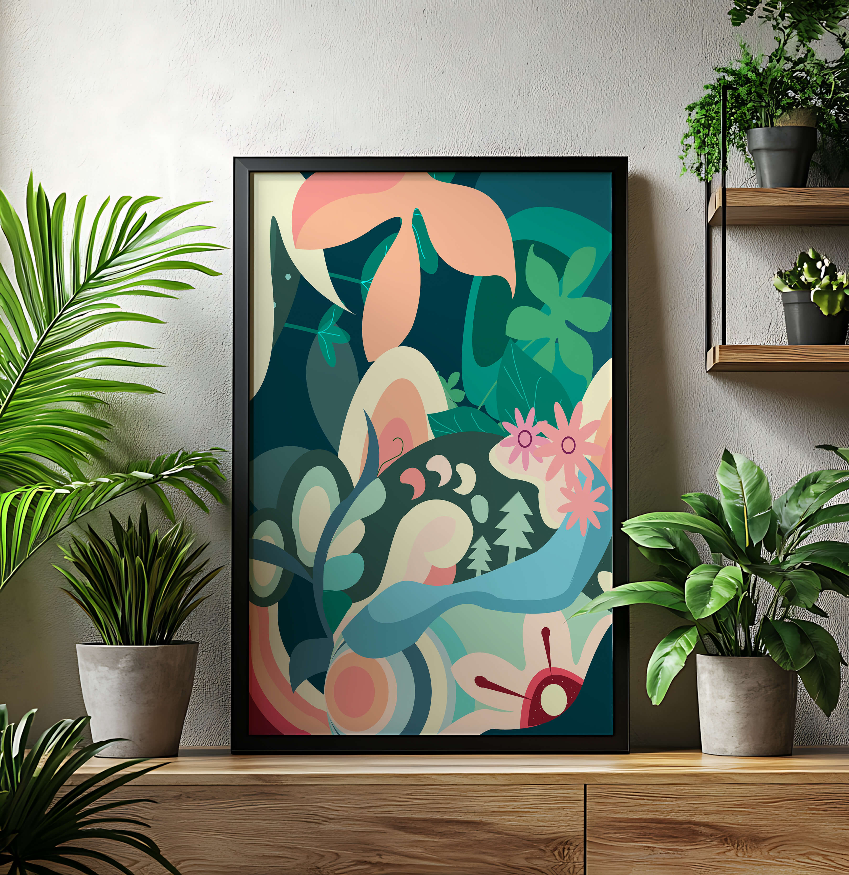Abstract floral illustration with pastel colors and nature elements