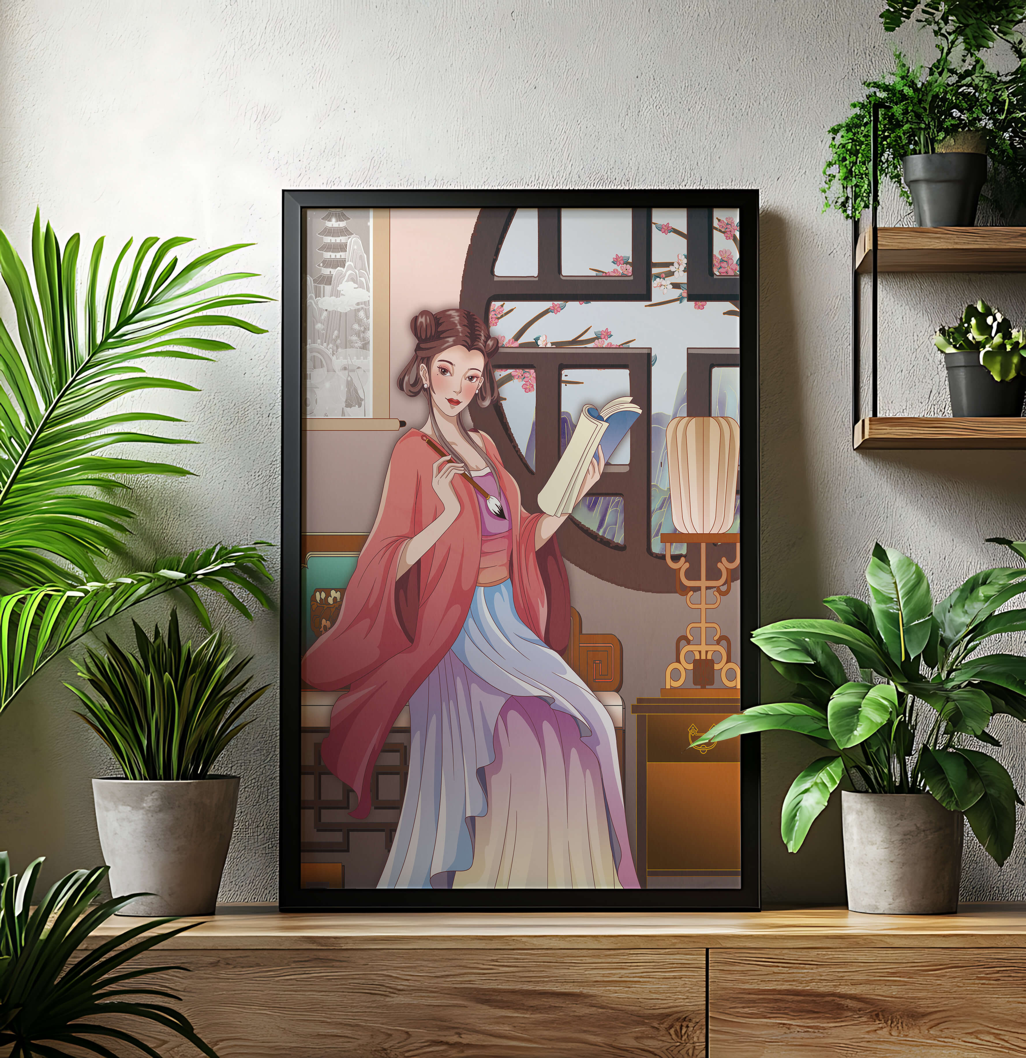 Illustrated scene of a woman in traditional attire reading by a window