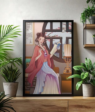 Illustrated scene of a woman in traditional attire reading by a window