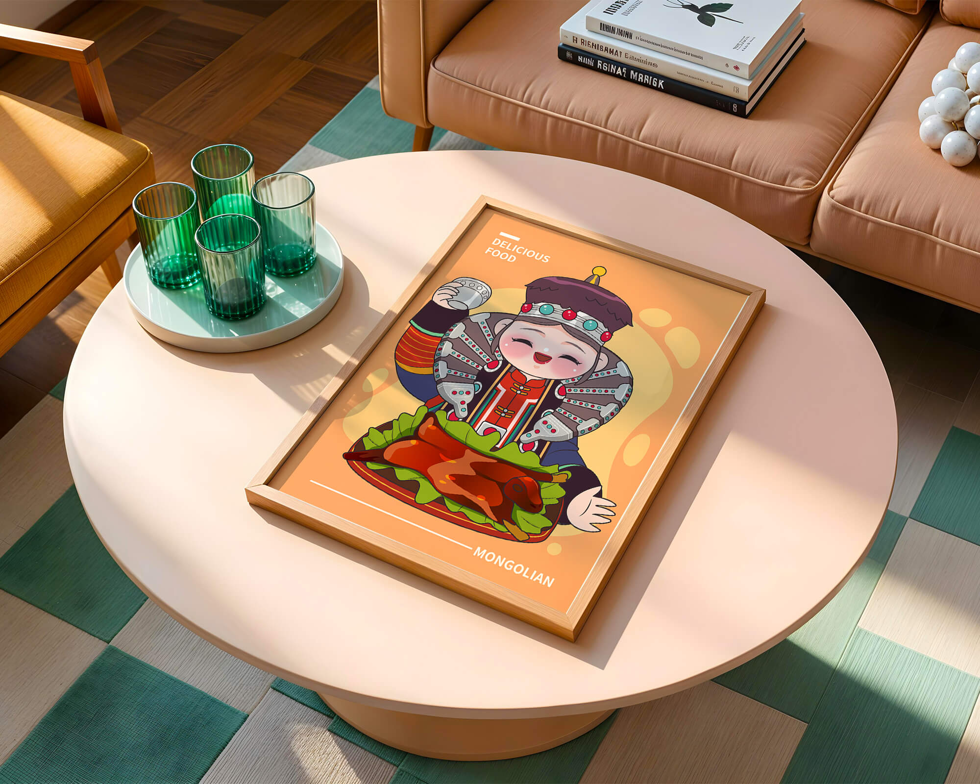 Cartoon character in traditional Mongolian attire with food