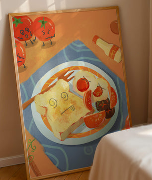 Whimsical Breakfast with Animated Tomatoes and Toast on a Bright Plate